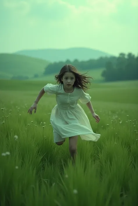 create a scared girl running in a white dress in a field, with greenish medium filter 