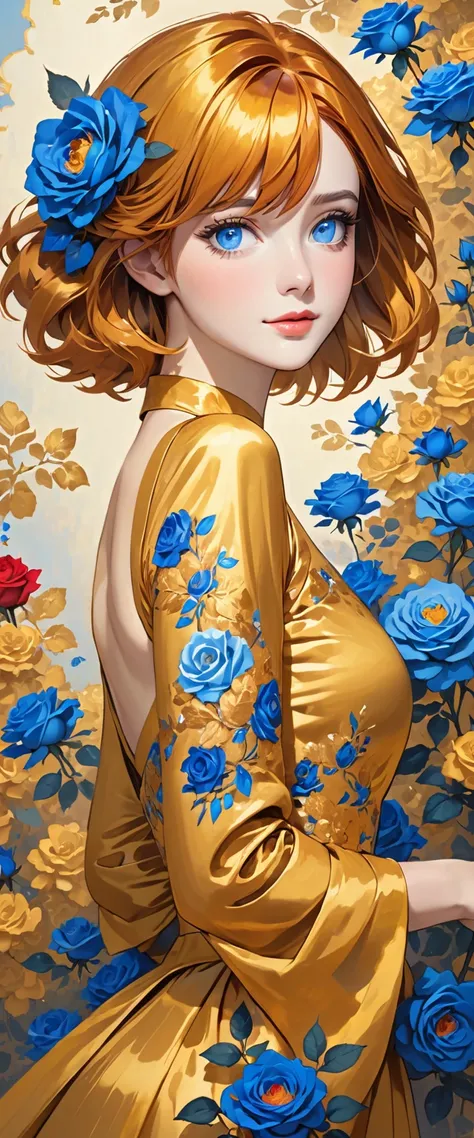 Girl wearing a golden dress with short golden hair and red hair with blue roses and blue eyes