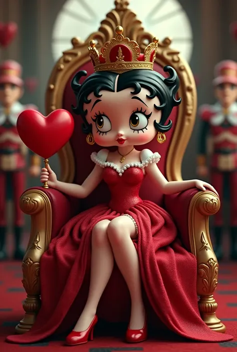 Bettyboop, Wear Queen of Hearts Costume，Wearing a crown，Take the red heart scepter，Poker Soldiers，On the throne