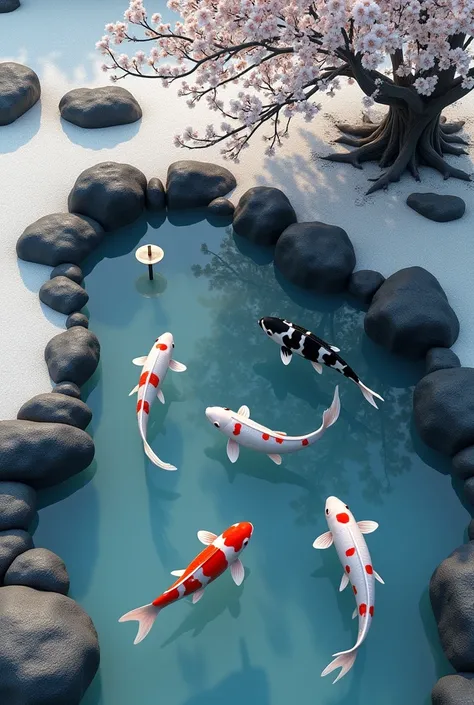 Stylish photography,Top view,clear koi pond with black rocks,and the bottom of the pool is sandy and white gravel,under the white cherry tree with falling flowers,there is a small, clear fountain,with white and black koi fish,on a cold morning,ultra realis...