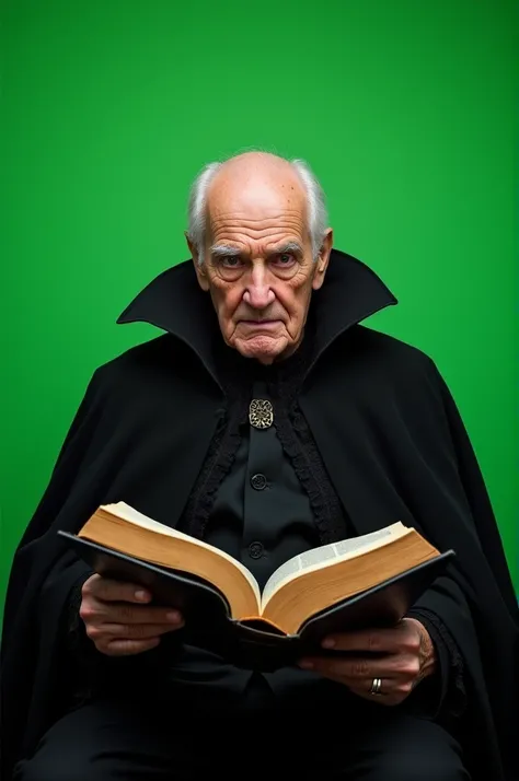 Create an old man in a Dracula suit reading the Bible looking at the viewer. The image background is green chromakey 