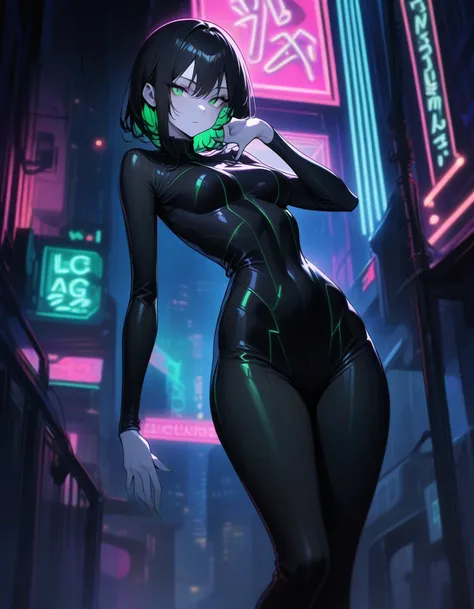 masterpiece, best quality, (highly detailed:1.2), full body shot of a tall slender woman, short black hair, striking green eyes, slight ridges on forearms, pale skin with a greenish tint, seductive pose, form-fitting black outfit, urban night background, n...