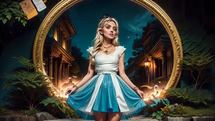 masterpiece, 1girl, (solo:1.5), make her a sexy Alice in Wonderland with blonde hair, powder blue dress with white apron, white stockings, cleavage, dynamic, ultra high def, 32k, (perfect anatomy:1.5), perfect legs, perfect arms, rolling eyes, (psychedelic...