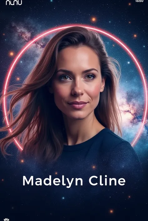 It makes a very beautiful and modern dzn image that makes the background look like a galaxy, e faz com a madelyn cline,make a kind of circle and inside it will be Madelyn Cline and with the text written below Madelyn Cline and outside the galaxy make it be...