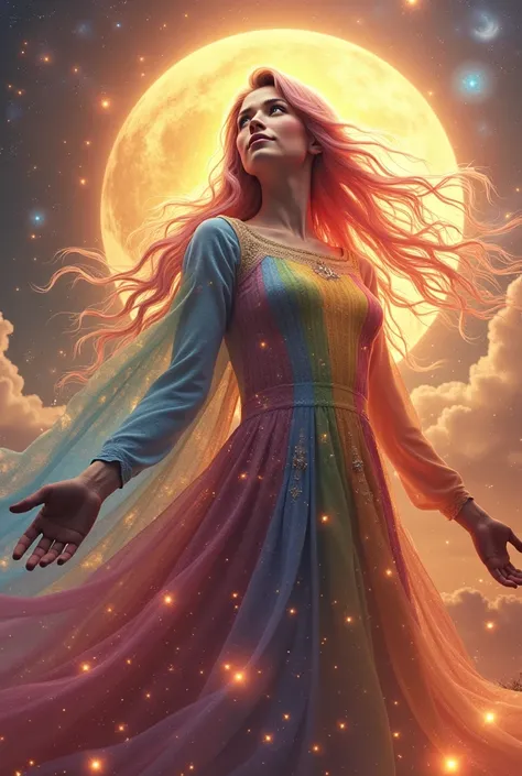 Very gentle and kind bearing with loving eyes, comprehending and watching over the universe, and protecting it. Ultra realistik. Very long rainbow hair, which is shining as if it contains millions of stars within. She is walking towards the heavens, and di...