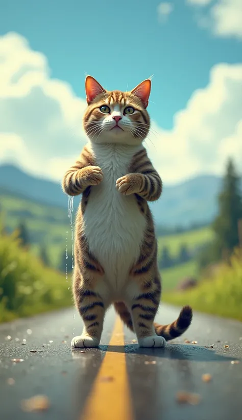 The image shows a digitally created or manipulated scene of a cat standing on a road in a picturesque countryside setting with mountains in the background.  The cat is in a humorous pose, Water running or dropping from the armpit between one of the legs Th...