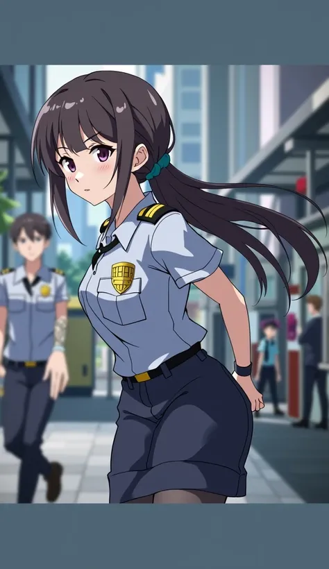 The policewoman notices something and looks this way.。Wearing a tight skirt。