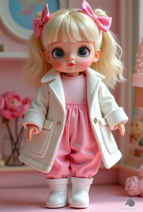 A 90s doll with blonde hair tied with two bows, blue eyes, thin eyebrows, thin nose, pink lipstick, a long pink blouse, a pink skirt, pink pants, white boots, a white jacket, a doll with a glass eye from the 1990s