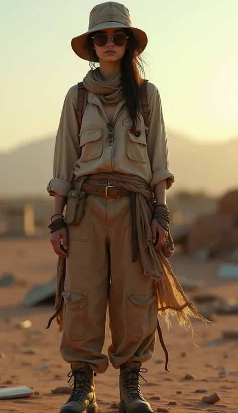 Masterpiece, from behind,from below, transitioning to a desert landscape at dusk, 20 year old female, wearing Long-sleeved shirt, wide pants, scarf, bucket hat, sunglasses, trekking shoes. Layers of tattered fabric, unconventional accessories, and a weathe...