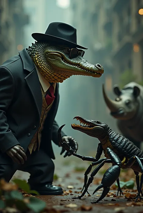 

Imagine a robust-looking crocodile, dressed in a gangster style suit, perhaps with a 1920s-style algebra cap and dark glasses. The crocodile could be hunting a scorpion, which could be placed in a challenging position, with the tweezers raised, perhaps i...