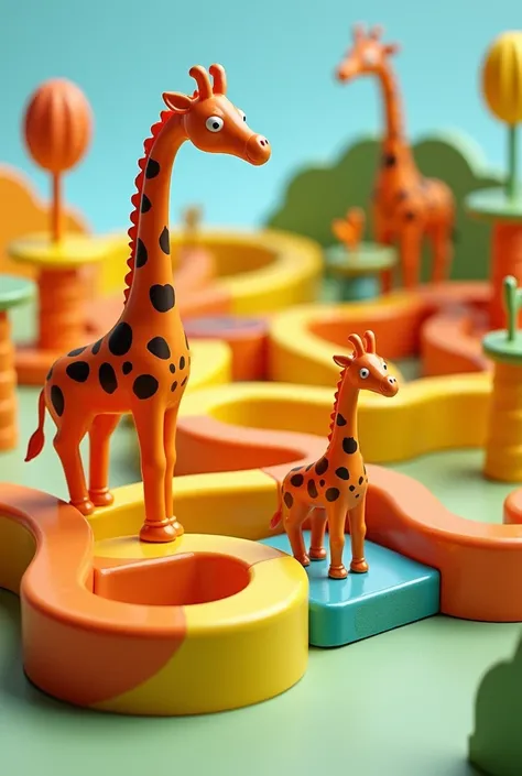 Toy Description: A three-dimensional plastic board that simulates a maze with colorful walls and moving obstacles. There are two flexible giraffe figures, with slender bodies and long necks. Giraffes are decorated with brightly colored spots and have a fla...