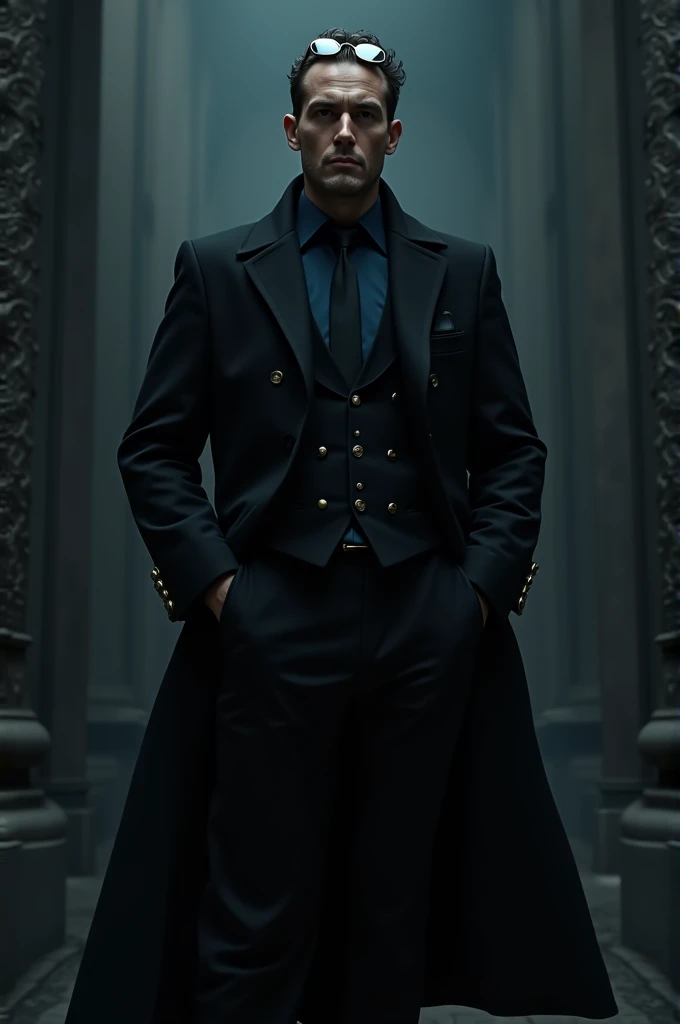 A man in a long black coat, midnight blue shirt, black dress vest, black pants, and clear aviator glasses