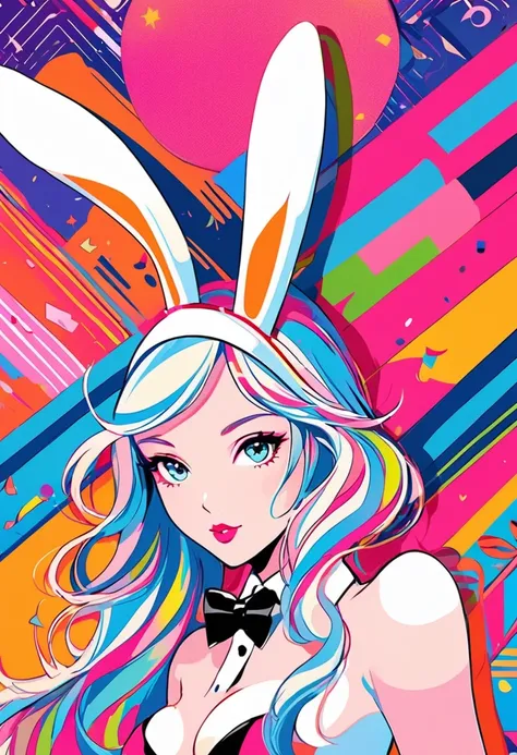 {worst quality, low-quality}, Anime artwork depicting a girls face within a vivid and abstract collage of colors and patterns. ((Playboy Bunny)), The composition includes a variety of shapes, lines, and textures, all in bright and contrasting colors, creat...