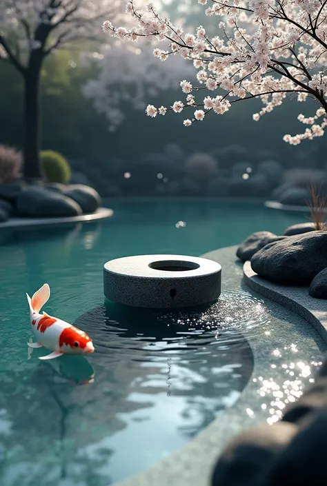 Stylish photography,Top view,clear koi pond with black rocks,with a white sandy pool bottom,and the yin and yang logo stone at the bottom of the pool,under the white cherry tree with falling flowers,there is a small, clear fountain,with two white and black...