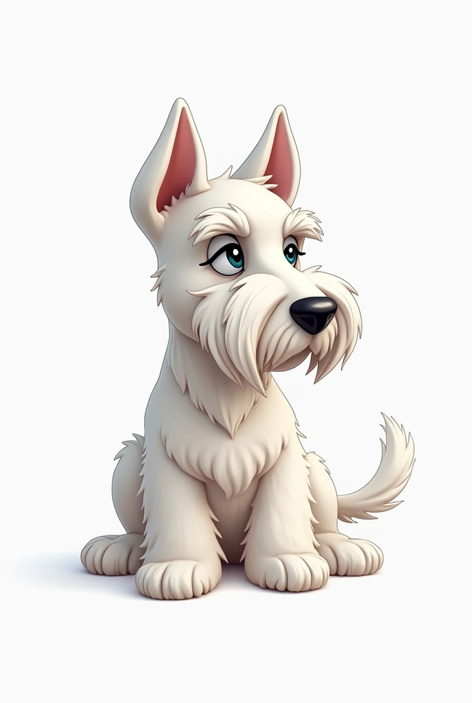 Logo for a pet business called "between claws" with adult white hairy female schnauzer and blind