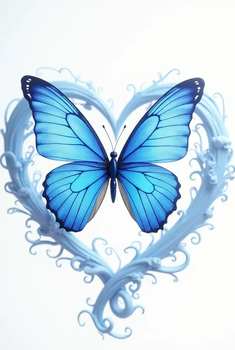 Pretty vibrant blue butterfly posing on a fantasy heart on white background