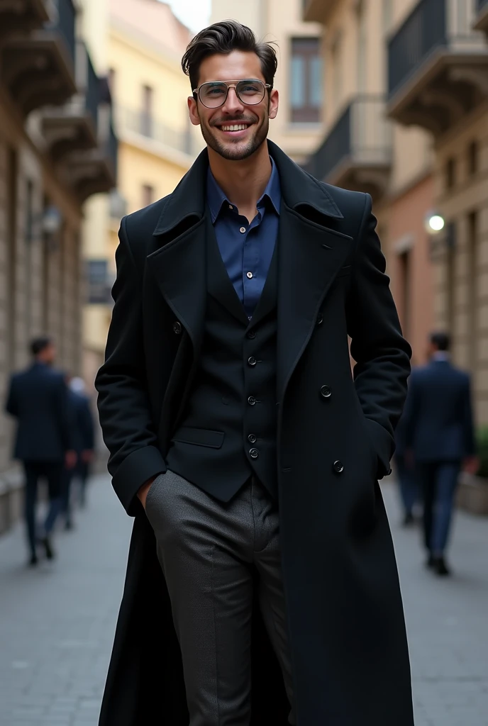 A man in a long black coat, midnight blue shirt, black dress vest, black pants, and clear aviator glasses!! But the guy looks happy