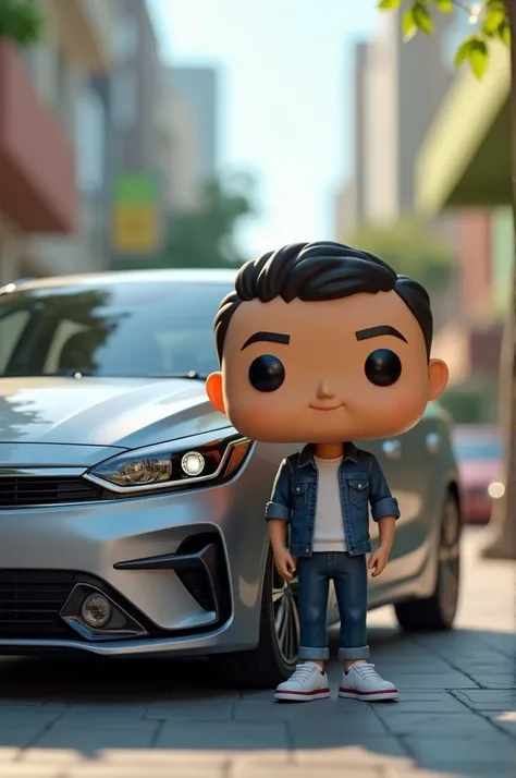 Funko pop moreno, with a silver Kia morning car
