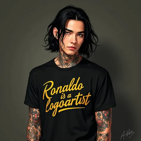 Disney tattoo artist drawing, 30 years old, with shoulder-length black hair, greenish eyes, with tattoos on his body, wearing a black t-shirt with gold writing, saying Ronaldo is a Logo artist