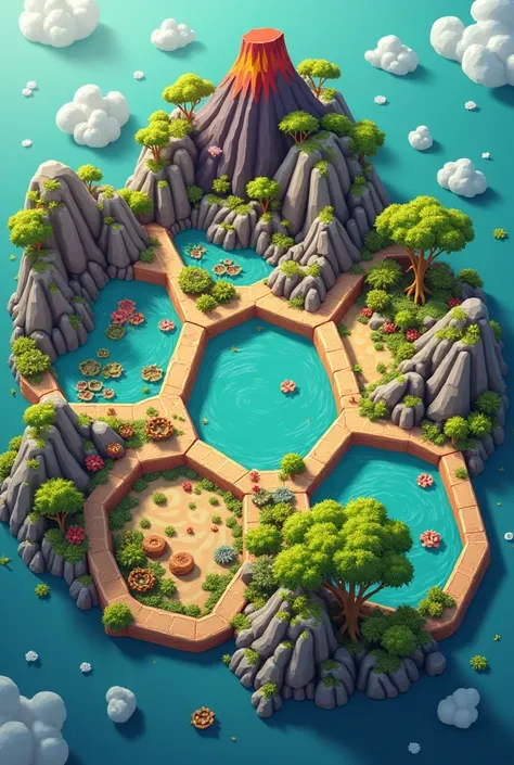 Image with 5 hexagons separated with enough space like a board game: 
1 of volcanic ecosystem with a volcano and stones.
1 with aquatic ecosystem, with corals.
1 that it is a forest ecosystem, with many trees.
 1 of plain ecosystem, with azaleas and little...