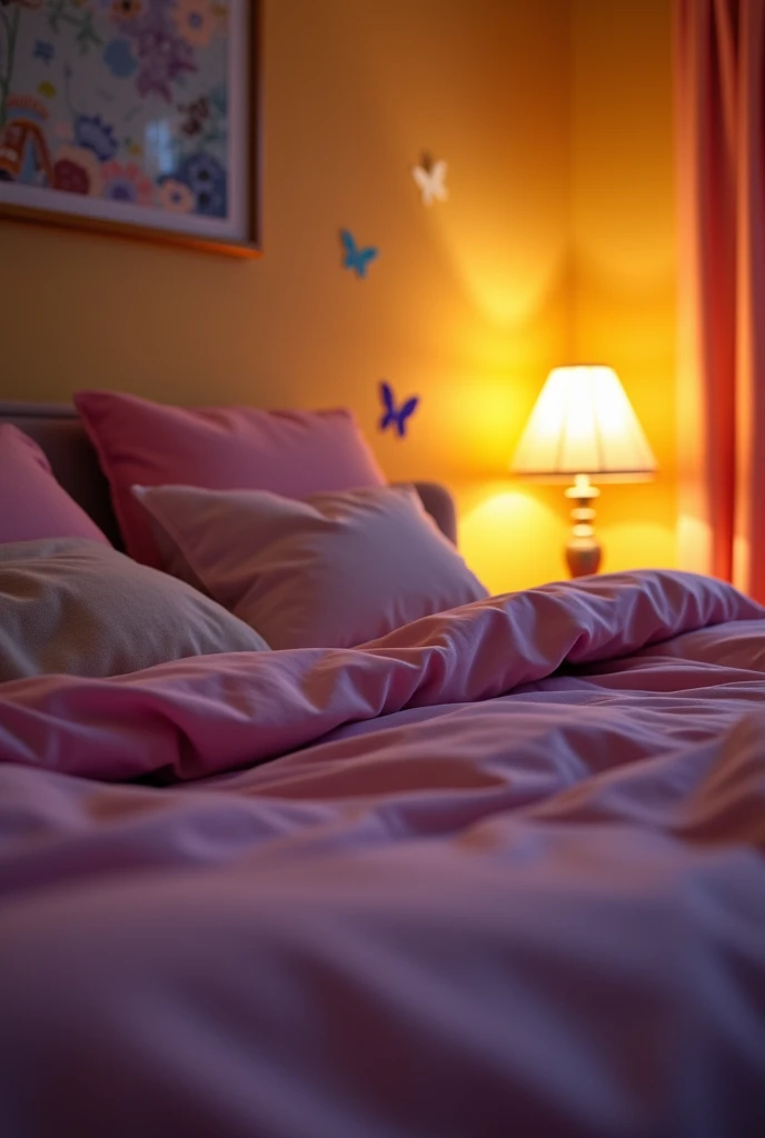 View from bottom of pink bed with pillows, zoomed in bedroom at night,yellow walls with butterfly stickers on