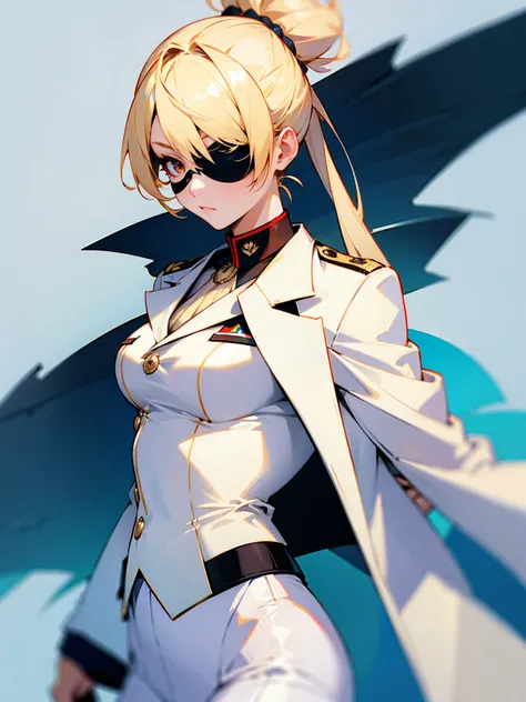 1female, blonde hair, muscular, eye patch long hair, top knot, white suit, marine coat