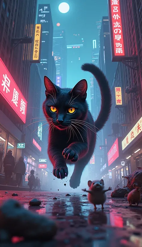 A cat chasing a mouse , in a cyberpunk setting,  with psychedelic images