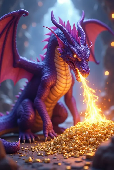 Dragons purple, bravo, spitting fire , big fit ass, mystic, guarding a treasure and a lot of gold, bright background 