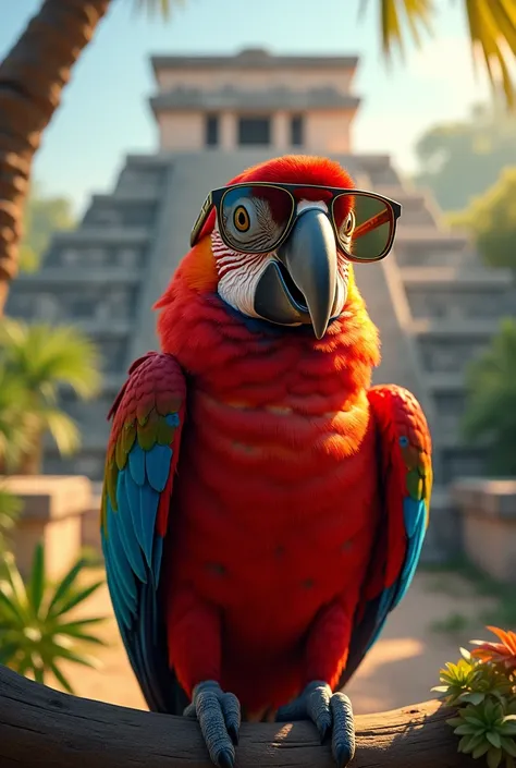 Scarlet macaw with large racetrap sunglasses and Mayan ball field behind 
