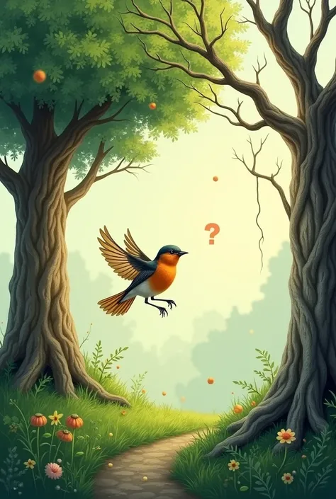 Exploration: The bird flying between the two trees, showing curiosity and appreciation for both.

Prompt: "A bird flying gracefully between a large leafy tree and a smaller dry tree. The bird appears curious, exploring both trees."