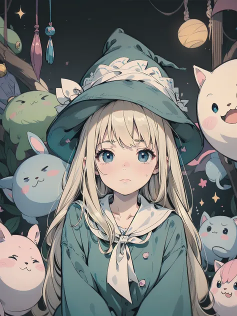 🎶, (🧙‍♀️), ✡, ✨(hat), , Alice in Wonderland, Alone, very beautiful, cute, adorable, embarrassed, alone, blue eyes, look at viewer, looking up, kawaii tech, pastel colors, kawaii, cute colors, Alice in Wonderland, alone, very beautiful, cute, adorable, emba...