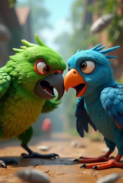 Create an image with a muscular green parrot attacking a crying blue macaw in 3D