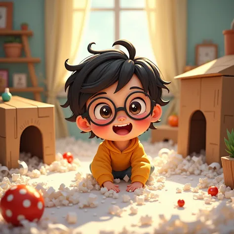 One with glasses, short hair and smiling, surrounded by improvised toys, how cardboard boxes turned into superhero hideouts, with shredded sheets of paper on the floor imitating snow, filling the room with imagination. Disney pixie style
