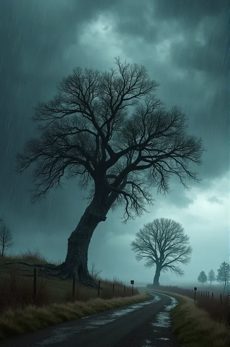 Storm Scene: A storm with dark clouds, heavy winds, and rain. The large tree has broken branches while the smaller tree remains unharmed.

Prompt: "A powerful storm with dark clouds and rain. The large tree is losing branches due to the wind, while the sma...