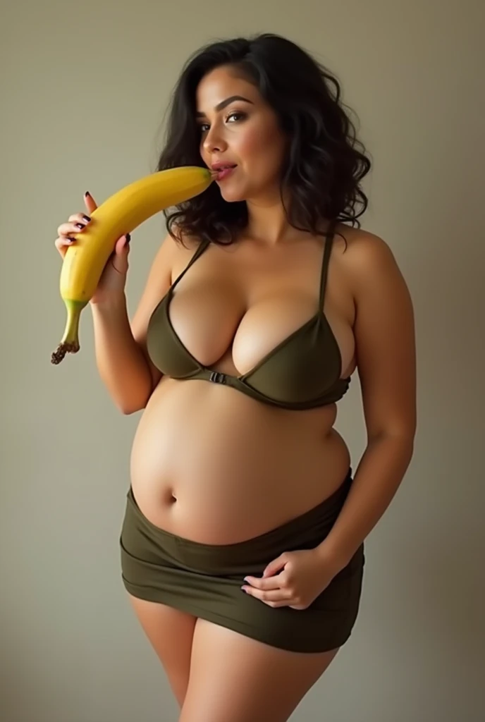 Big belly woman, wearing a short skirt and no bra, licking a big banana.