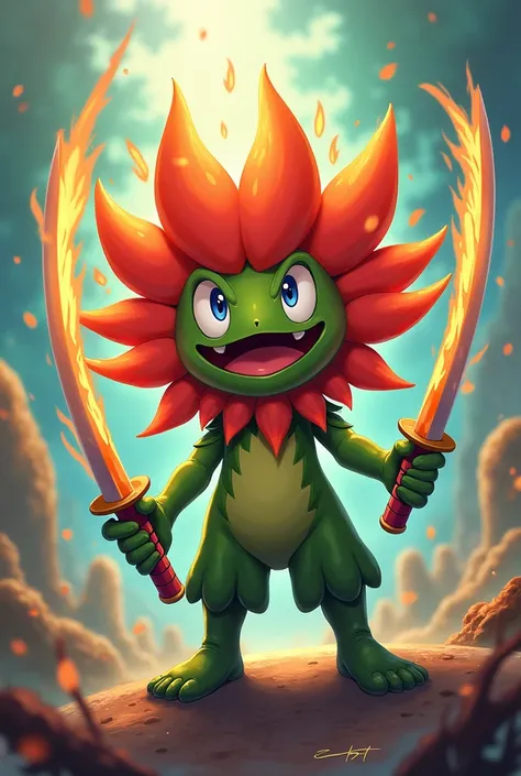 A fire flower plant style pokemon with big eyes with two anime style swords