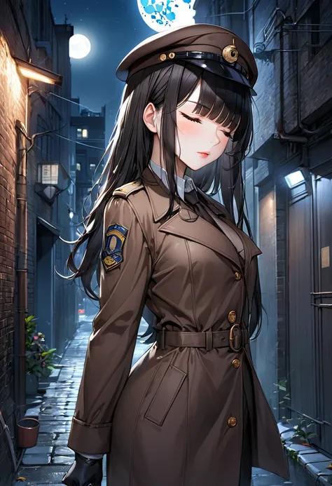 (beautiful and delicate), (Detective style), (15 yo), ((looking t sky), (beautiful detailed blunt bangs:1.3) (beauty black glossy hair long hair) (immensely cute detective girl) (sexy closed eyes), (glossy lip, serious face), (medium tits), in a brown dete...