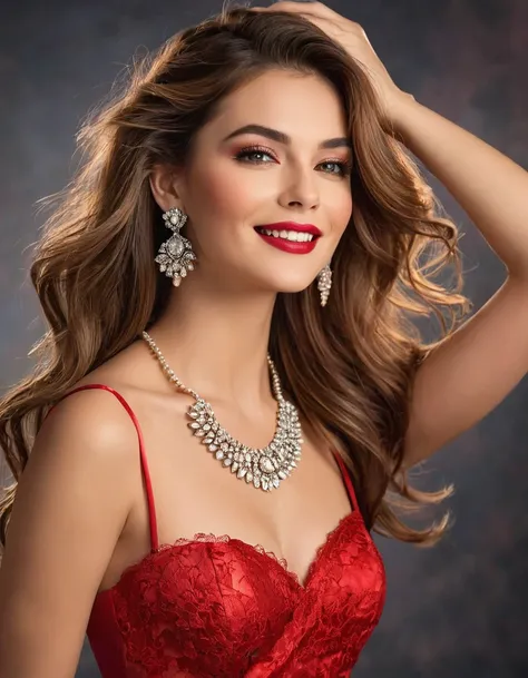 (best quality, Ultra detailed, photorealistic: 1.37), Bright and vibrant colors, studio lighting, playful expression, elegant makeup, Twilight, windblown hair, attractive eyes, Long-lasting lips, confident and seductive smile, knee-high body to the perfect...