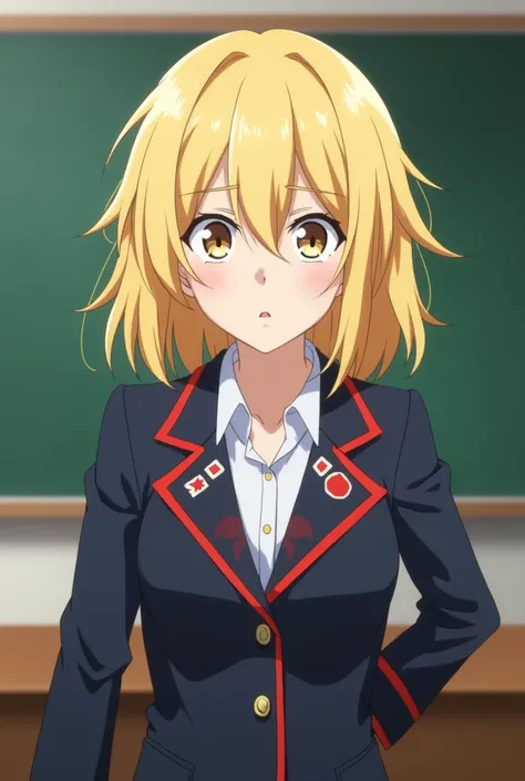 Boku no hero academia screenshot, adult woman with slightly longer messy blonde hair, Honey-colored eyes and fair skin,  He has a slightly serious face, wearing the UA Academy uniform, full body classroom background 