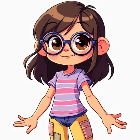 A     12  years   with glasses with long dark brown hair, has brown eyes, wears  a purple t-shirt with pink stripes and navy  blue pants and magenta shoes DisneyPixar