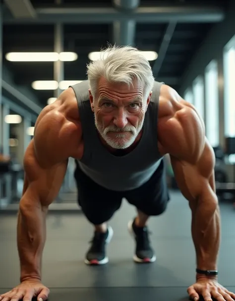 Create an image of an attractive adult man over 70 years old, athletic man in a gym doing push-ups on the floor.