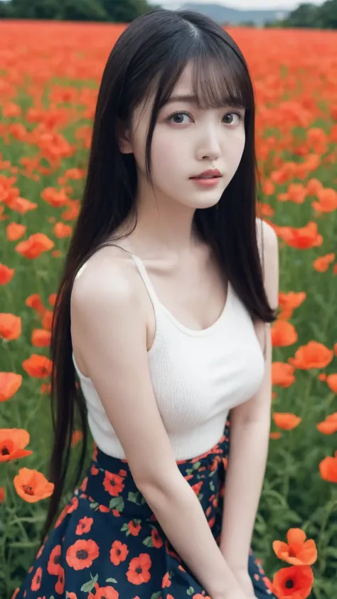 masterpiece, best quality, 8k, 18 ans, photo brute, absurdes, award-winning portrait, pure, japanese, vibrant poppy field, knit ...