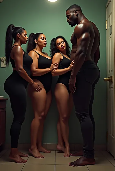 "A scene inside a motel room where a group of extremely voluptuous women with smooth, light skin are expressing their admiration for a very tall, slim, and muscular black man with even darker, shinier skin. The man is slightly taller and thinner, with well...