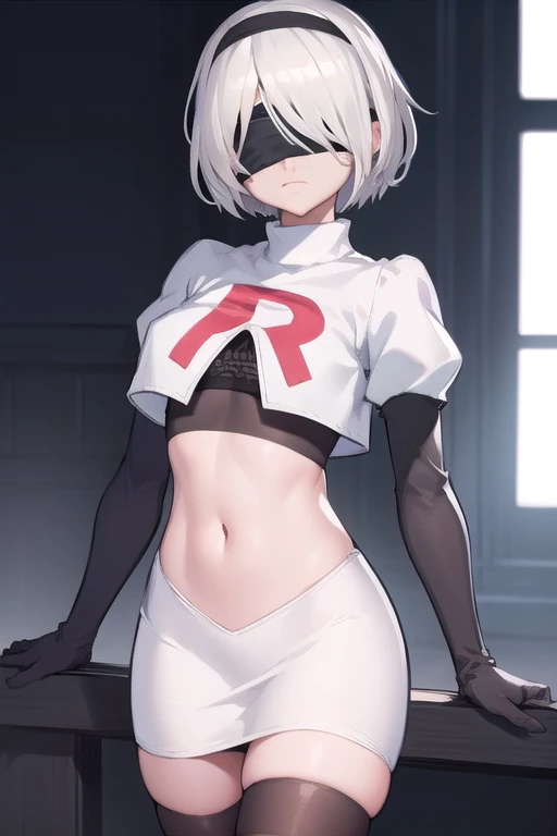 2b, 2b, (black blindfold:1.5), black hairband, blindfold, hairband, short hair, white hair,
break hairband, robot, team rocket,t...