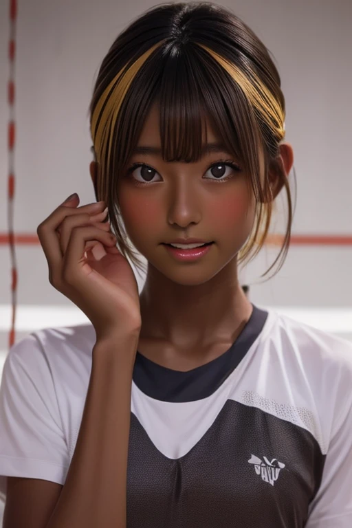 (((( one girl )))), Put your hand over your mouth、Beautiful breasts、 Brown eyes, ((Gal Hairstyles)) blonde, girl, (Eye and facial details:1.0), break, (masterpiece, Highest quality, Very detailed, Detailed face, 8k),( dark skin:2.05 ), (((( volleyball unif...