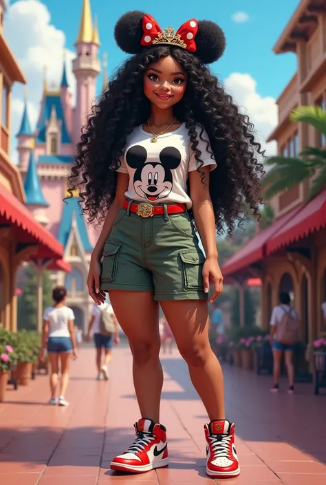 Ana, an adult, was at Disney wearing Miney&#39;s blouse and Mikey wearing Miney&#39;s tiara and a cargo skirt. She has big curly hair, even on her butt, and is wearing Nike Jordan sneakers.