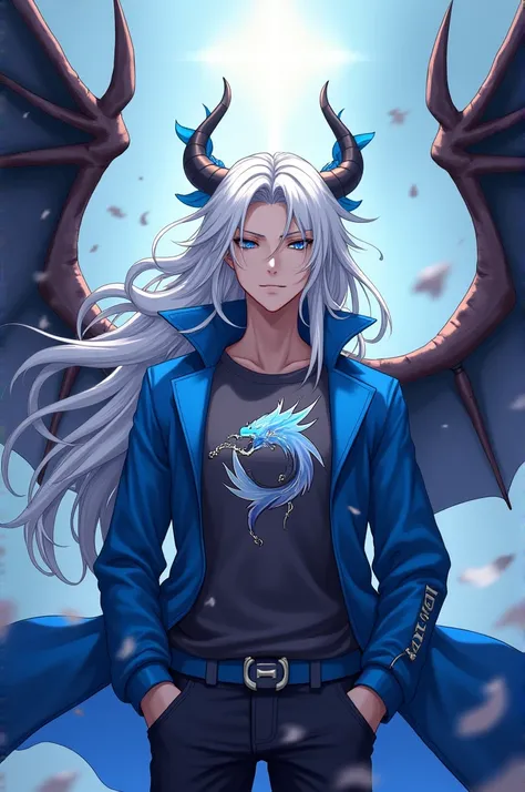 Long white hair anime boy with dragon wings and blue jacket and dragon logo shirt 