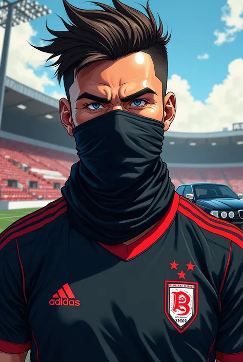 A men with black bandana on mouth,besiktas istanbul jersey,in background besiktas istanbul stadium and a black bmw,anime,manga