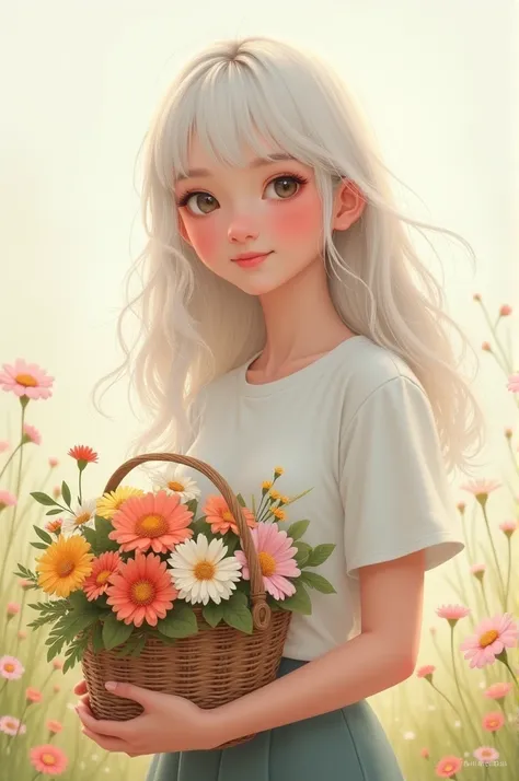 drawing cute girl with long white hair with bangs,Wavy, white t-shirt holding a basket of flowers