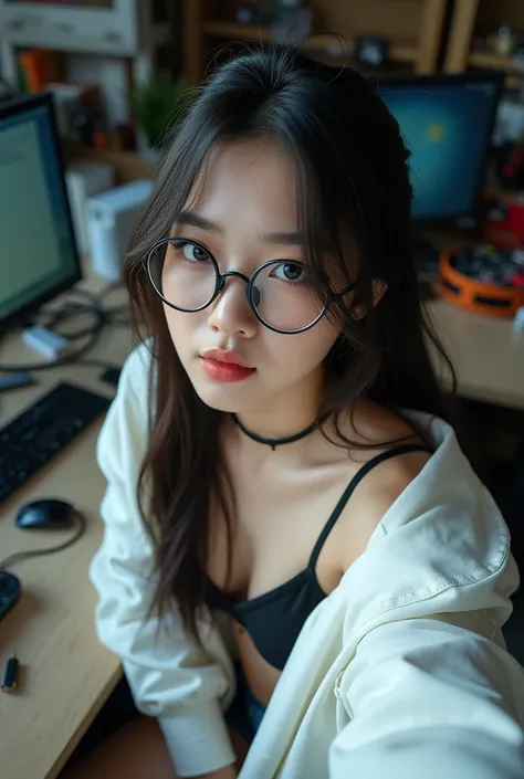 One Korean Girls, Glasses , Fantasy makeup on a computer table, black Hair, Black bra,white shirt overcoat,selfie